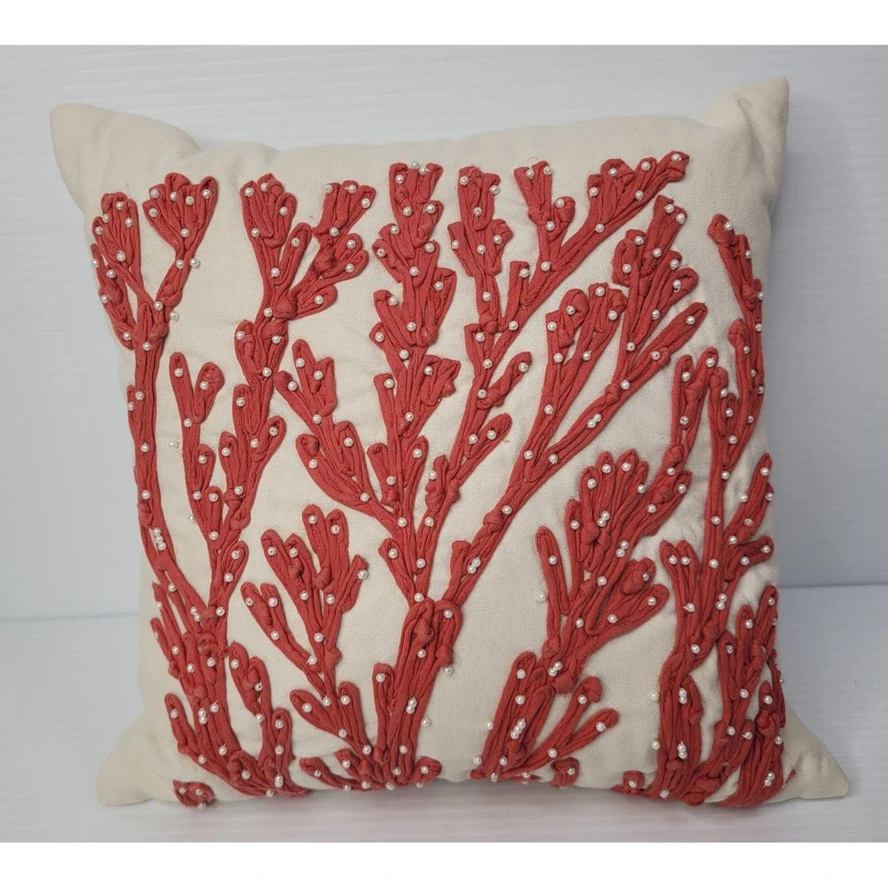 Pottery Barn Throw Pillow Coral Coastal Beaded Red White 12x12 Square‎ Cotton